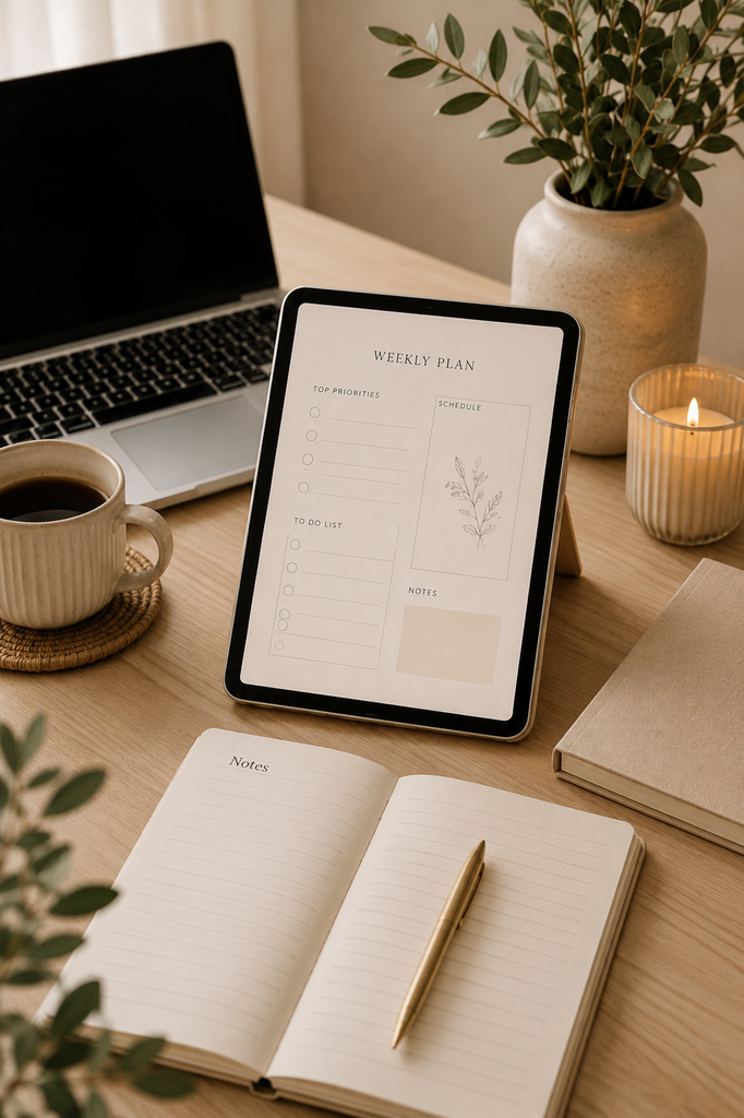 Templates and Tools image: Weekly planning template displayed on a tablet in a warm workspace with a laptop, coffee, candle, and notebook