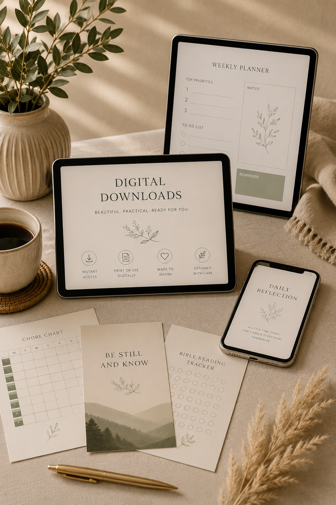 Digital Downloads image: Digital downloads displayed on a tablet and phone with printable planners and trackers in a warm workspace