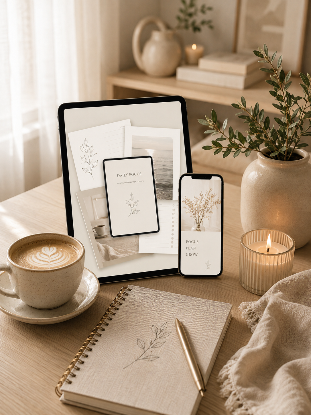 Digital products displayed on tablet and phone in a warm home workspace