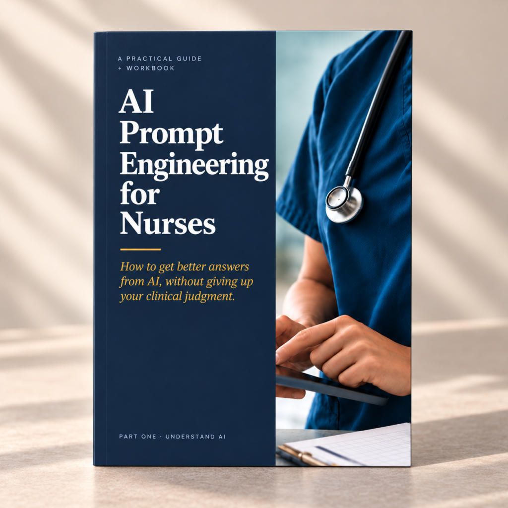 AI Prompt Engineering for Nurses guide displayed with a nurse and stethoscope